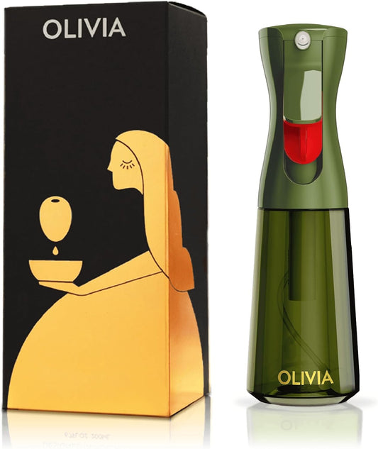 OLIVIA SIGNATURE Oil Sprayer for Cooking, 200ml Glass, Green/Gold | Portion control mist for air fryer, salad, BBQ, refillable & reusable, fine mist olive oil kitchen sprayer, anti-drip