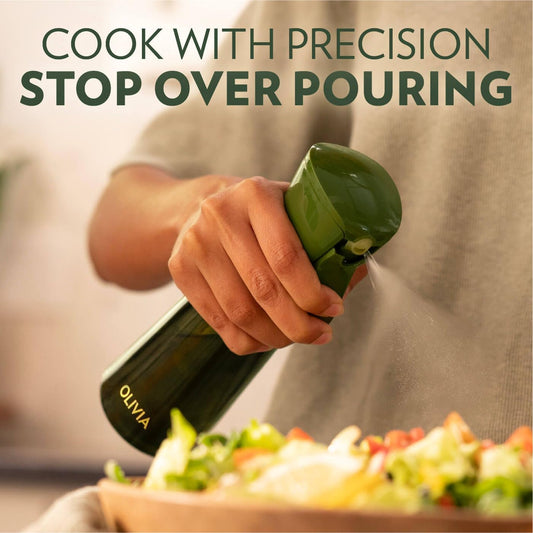 OLIVIA SIGNATURE Oil Sprayer for Cooking, 200ml Glass, Green/Gold | Portion control mist for air fryer, salad, BBQ, refillable & reusable, fine mist olive oil kitchen sprayer, anti-drip