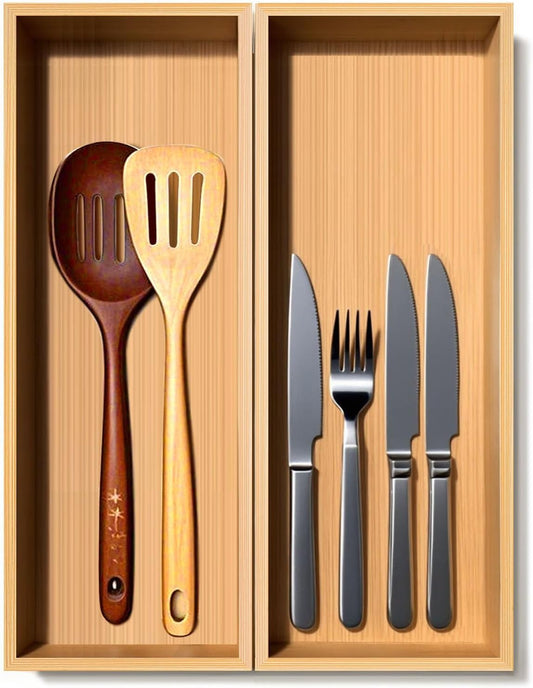 Bamboo Drawer Silverware Organizer, Silverware Tray, Flatware Organizer, Bamboo Storage Box Suitable for Office, Bathroom and other objects storage (14.2"x5"x2"-Set of 2)