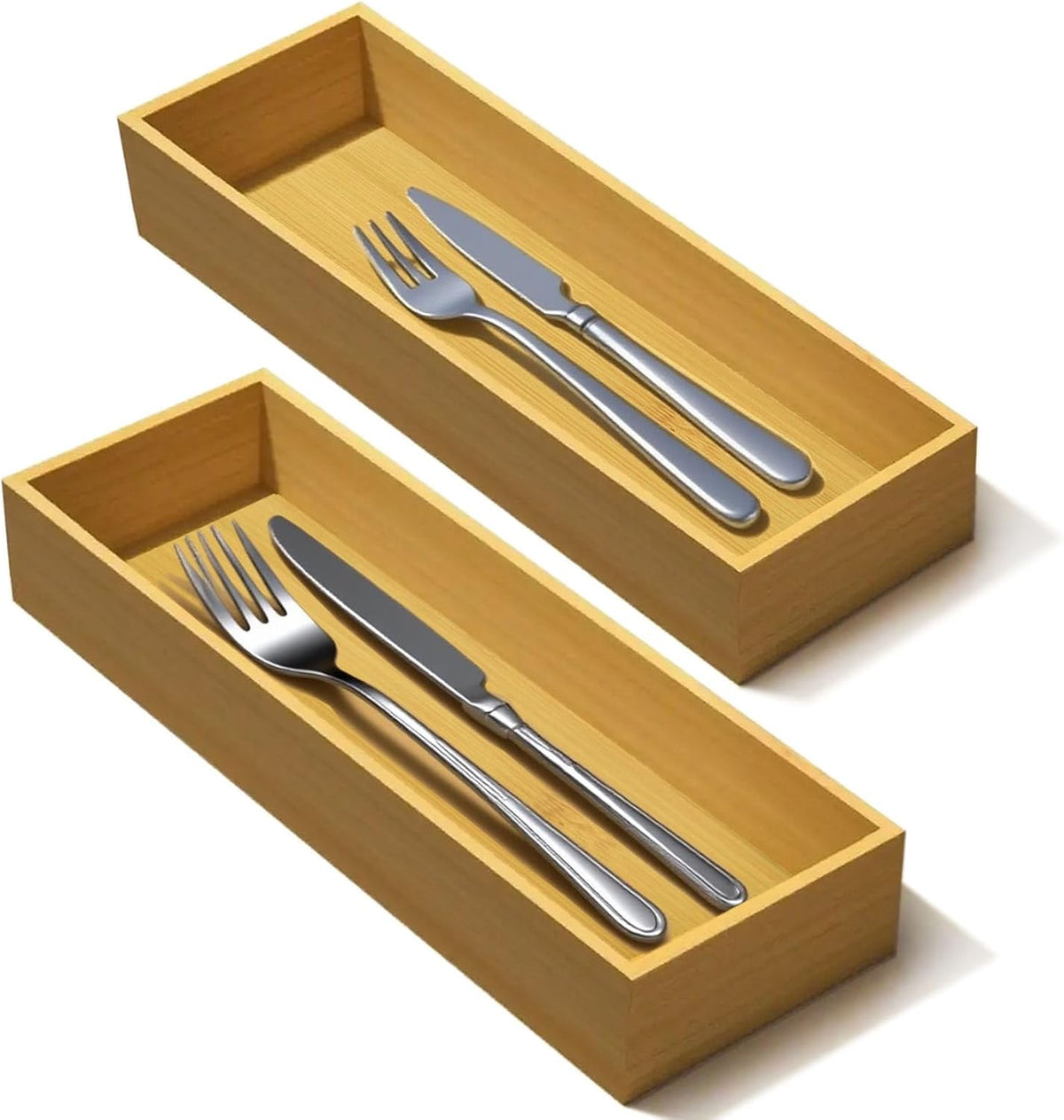 Bamboo Drawer Silverware Organizer, Silverware Tray, Flatware Organizer, Bamboo Storage Box Suitable for Office, Bathroom and other objects storage (14.2"x5"x2"-Set of 2)