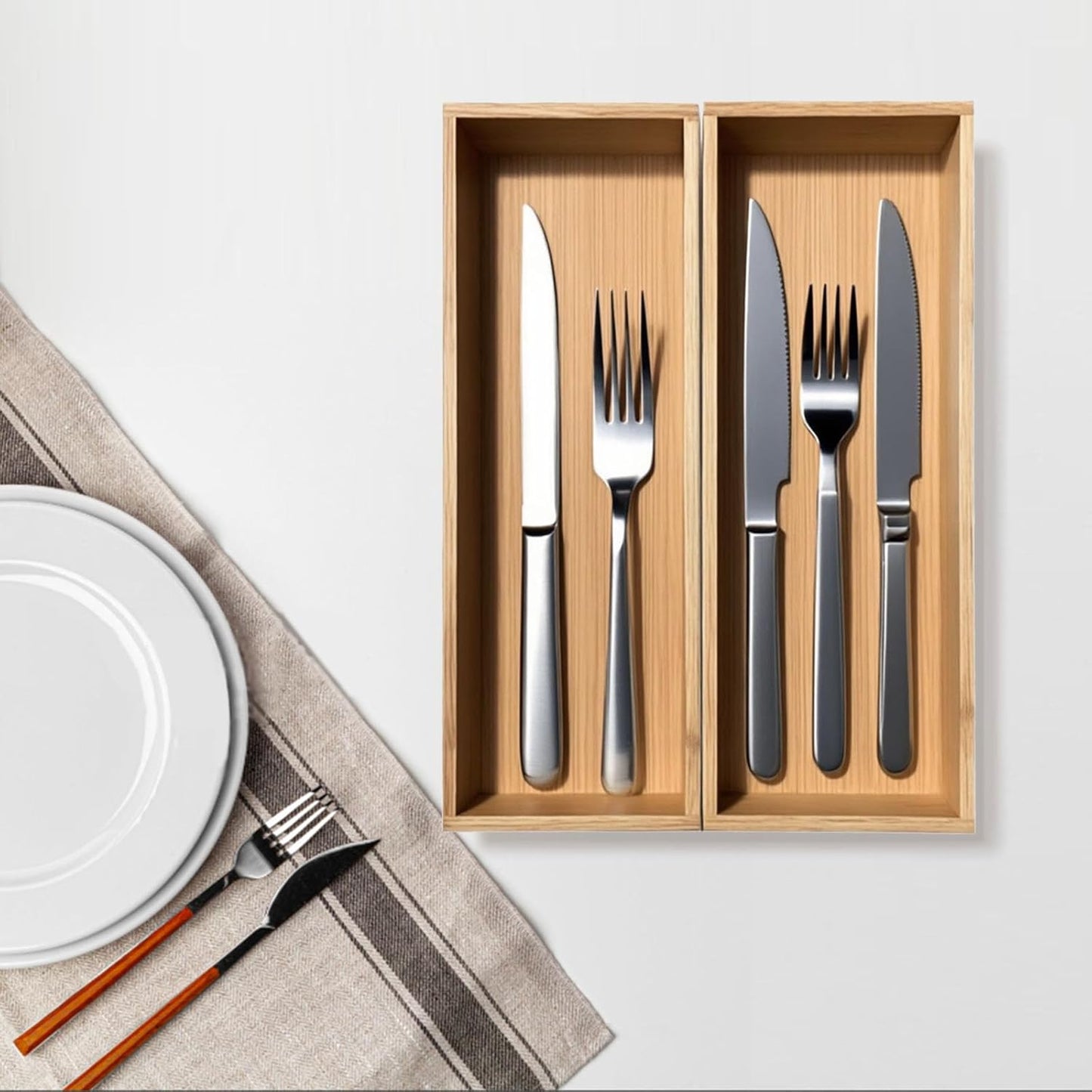 Bamboo Drawer Silverware Organizer, Silverware Tray, Flatware Organizer, Bamboo Storage Box Suitable for Office, Bathroom and other objects storage (14.2"x5"x2"-Set of 2)