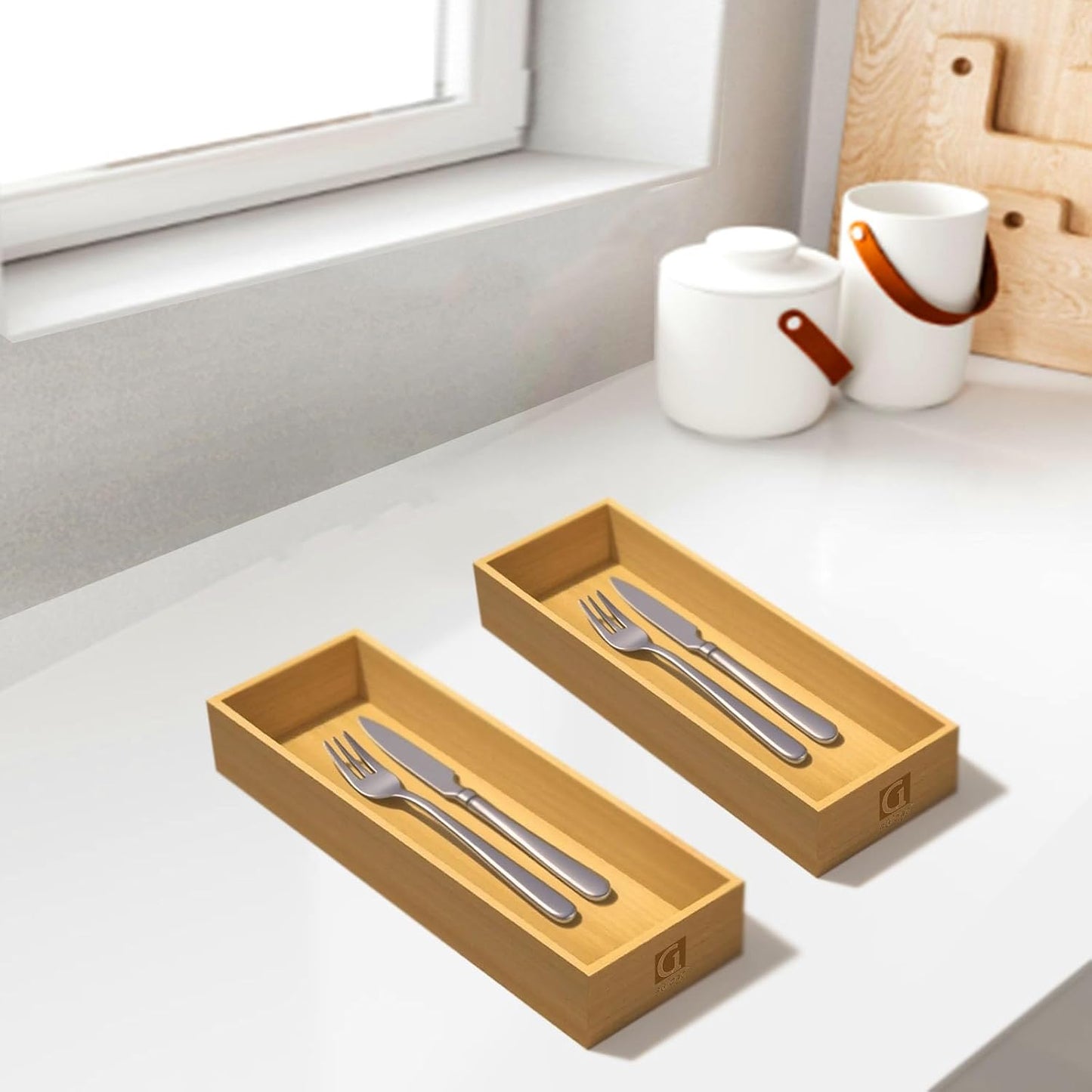 Bamboo Drawer Silverware Organizer, Silverware Tray, Flatware Organizer, Bamboo Storage Box Suitable for Office, Bathroom and other objects storage (14.2"x5"x2"-Set of 2)