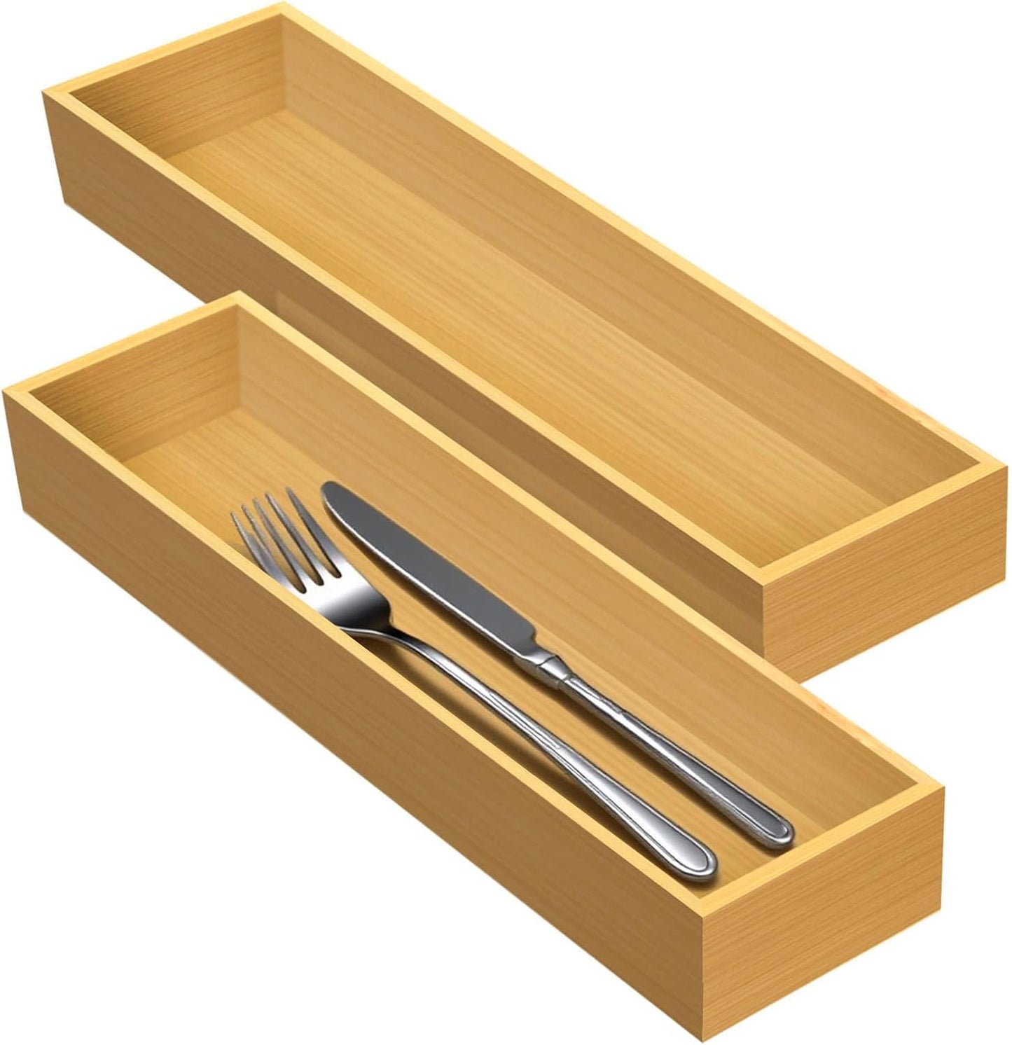 Bamboo Drawer Silverware Organizer, Silverware Tray, Flatware Organizer, Bamboo Storage Box Suitable for Office, Bathroom and other objects storage (14.2"x5"x2"-Set of 2)