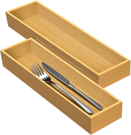 Bamboo Drawer Silverware Organizer, Silverware Tray, Flatware Organizer, Bamboo Storage Box Suitable for Office, Bathroom and other objects storage (14.2"x5"x2"-Set of 2)