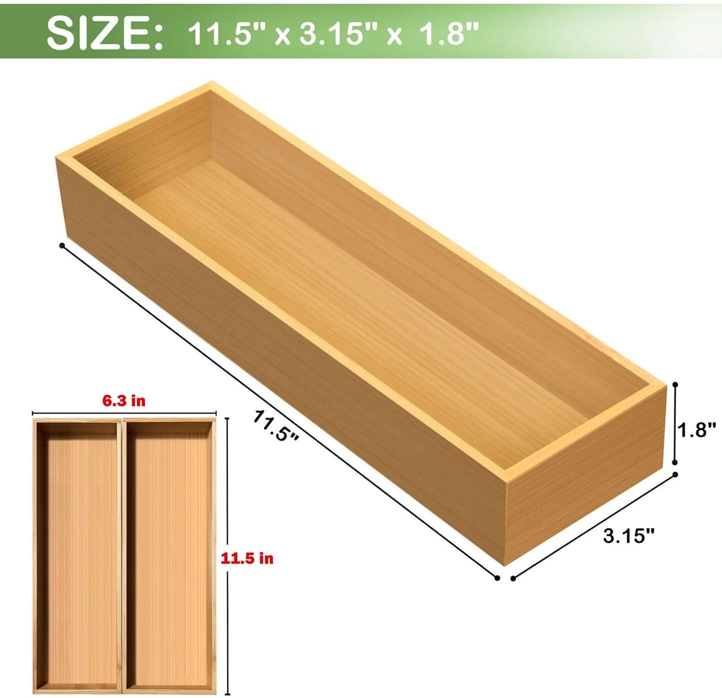 Bamboo Drawer Silverware Organizer, Silverware Tray, Flatware Organizer, Bamboo Storage Box Suitable for Office, Bathroom and other objects storage (14.2"x5"x2"-Set of 2)