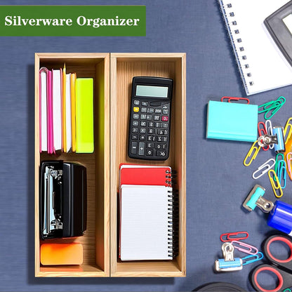 Bamboo Drawer Silverware Organizer, Silverware Tray, Flatware Organizer, Bamboo Storage Box Suitable for Office, Bathroom and other objects storage (14.2"x5"x2"-Set of 2)