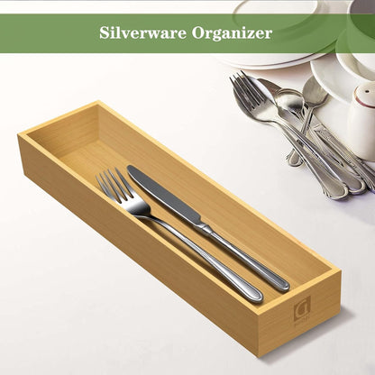 Bamboo Drawer Silverware Organizer, Silverware Tray, Flatware Organizer, Bamboo Storage Box Suitable for Office, Bathroom and other objects storage (14.2"x5"x2"-Set of 2)