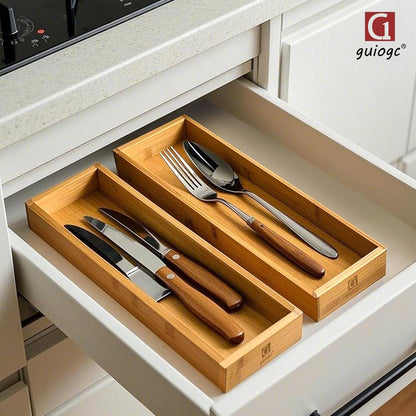 Bamboo Drawer Silverware Organizer, Silverware Tray, Flatware Organizer, Bamboo Storage Box Suitable for Office, Bathroom and other objects storage (14.2"x5"x2"-Set of 2)