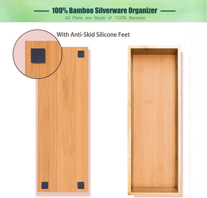 Bamboo Drawer Silverware Organizer, Silverware Tray, Flatware Organizer, Bamboo Storage Box Suitable for Office, Bathroom and other objects storage (14.2"x5"x2"-Set of 2)