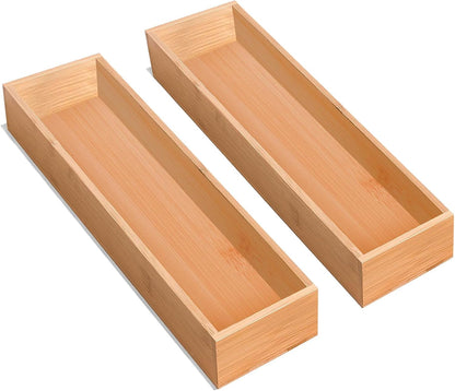 Bamboo Drawer Silverware Organizer, Silverware Tray, Flatware Organizer, Bamboo Storage Box Suitable for Office, Bathroom and other objects storage (14.2"x5"x2"-Set of 2)