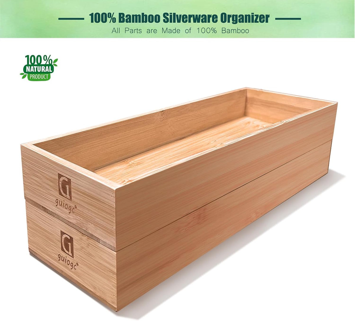 Bamboo Drawer Silverware Organizer, Silverware Tray, Flatware Organizer, Bamboo Storage Box Suitable for Office, Bathroom and other objects storage (14.2"x5"x2"-Set of 2)