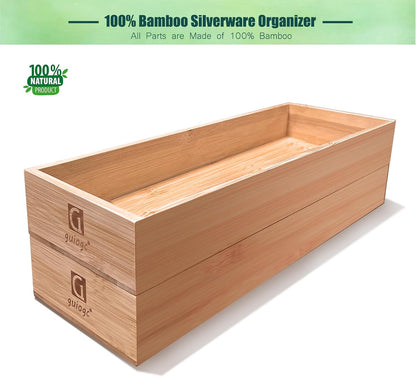 Bamboo Drawer Silverware Organizer, Silverware Tray, Flatware Organizer, Bamboo Storage Box Suitable for Office, Bathroom and other objects storage (14.2"x5"x2"-Set of 2)