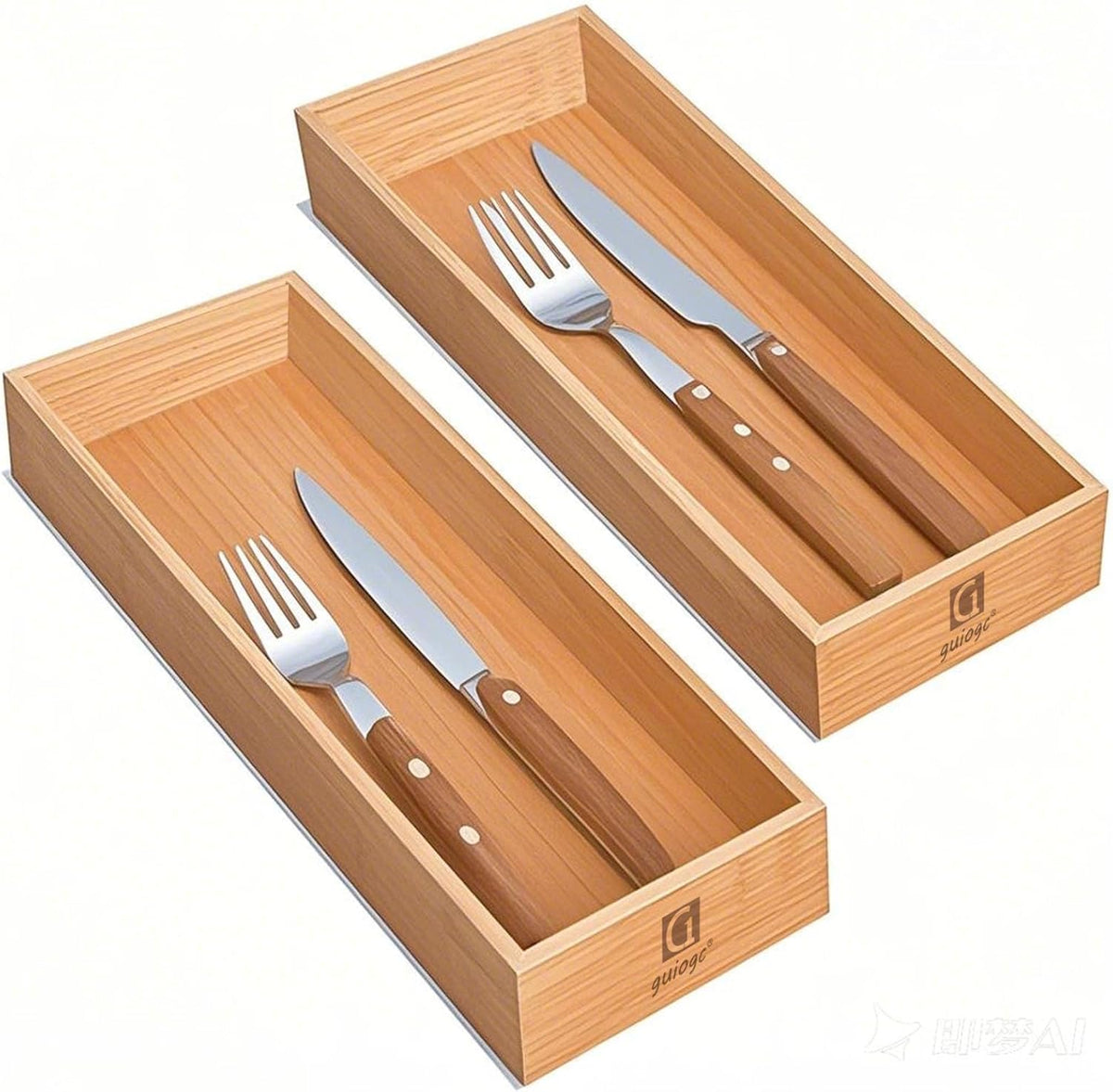 Bamboo Drawer Silverware Organizer, Silverware Tray, Flatware Organizer, Bamboo Storage Box Suitable for Office, Bathroom and other objects storage (14.2"x5"x2"-Set of 2)