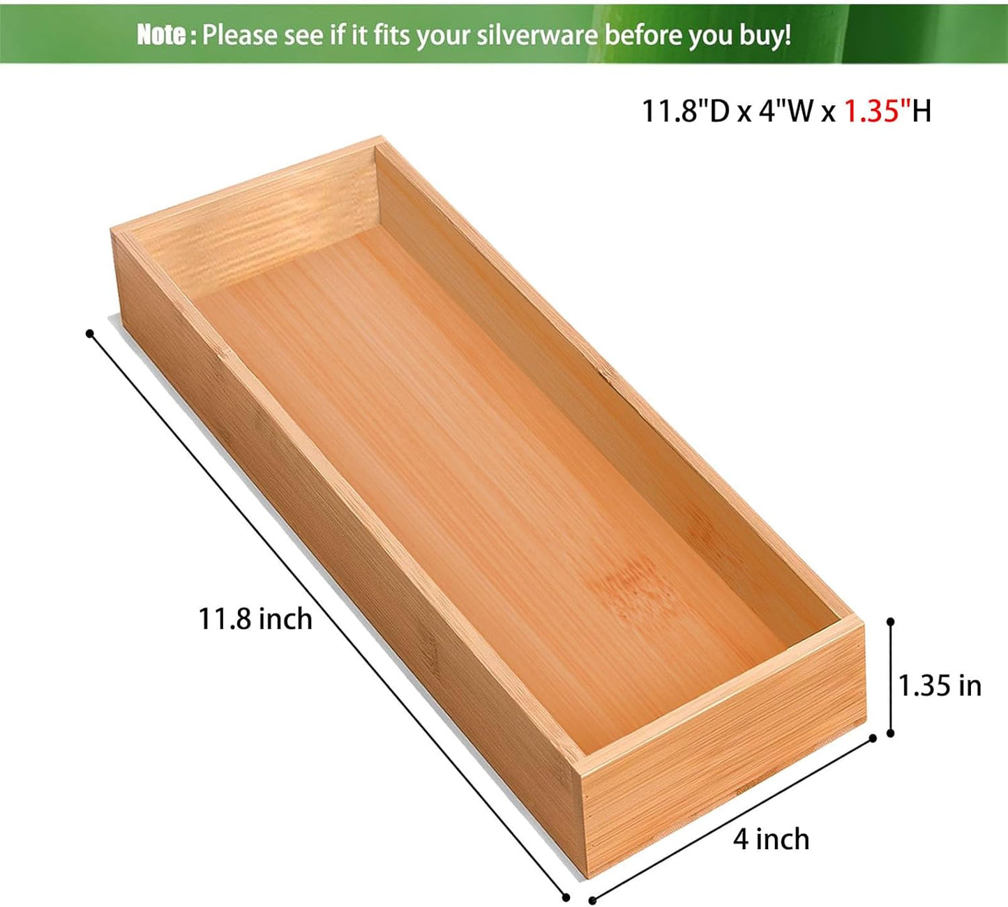 Bamboo Drawer Silverware Organizer, Silverware Tray, Flatware Organizer, Bamboo Storage Box Suitable for Office, Bathroom and other objects storage (14.2"x5"x2"-Set of 2)