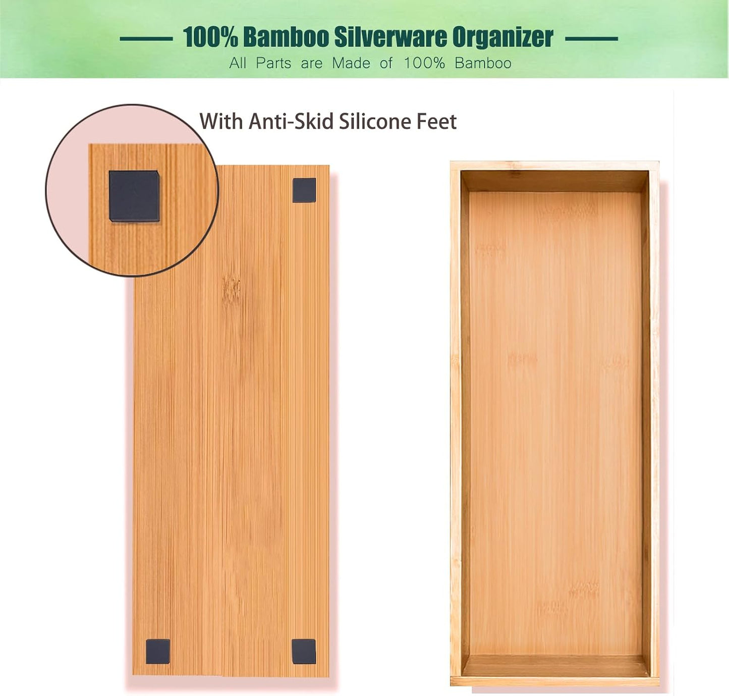 Bamboo Drawer Silverware Organizer, Silverware Tray, Flatware Organizer, Bamboo Storage Box Suitable for Office, Bathroom and other objects storage (14.2"x5"x2"-Set of 2)