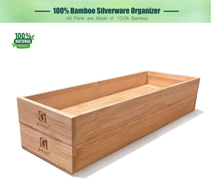 Bamboo Drawer Silverware Organizer, Silverware Tray, Flatware Organizer, Bamboo Storage Box Suitable for Office, Bathroom and other objects storage (14.2"x5"x2"-Set of 2)