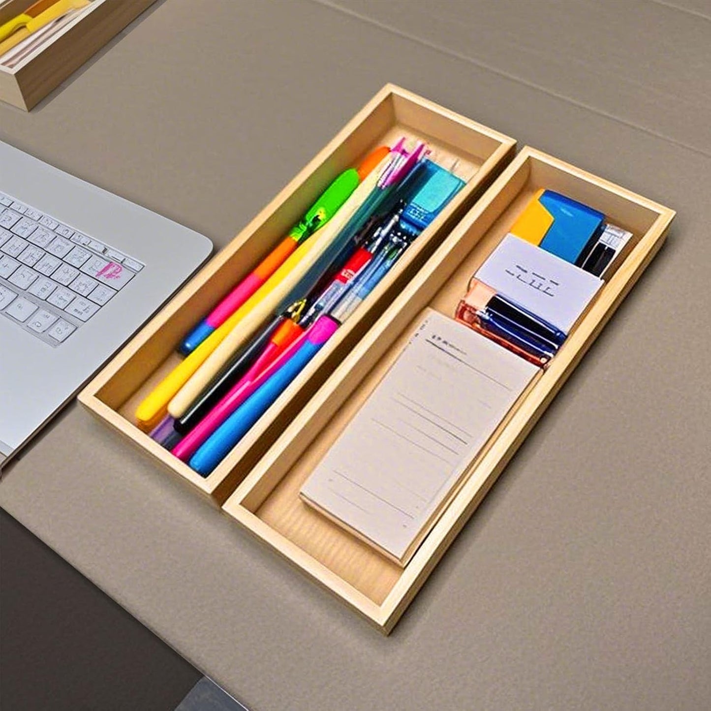 Bamboo Drawer Silverware Organizer, Silverware Tray, Flatware Organizer, Bamboo Storage Box Suitable for Office, Bathroom and other objects storage (14.2"x5"x2"-Set of 2)