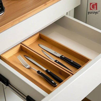 Bamboo Drawer Silverware Organizer, Silverware Tray, Flatware Organizer, Bamboo Storage Box Suitable for Office, Bathroom and other objects storage (14.2"x5"x2"-Set of 2)