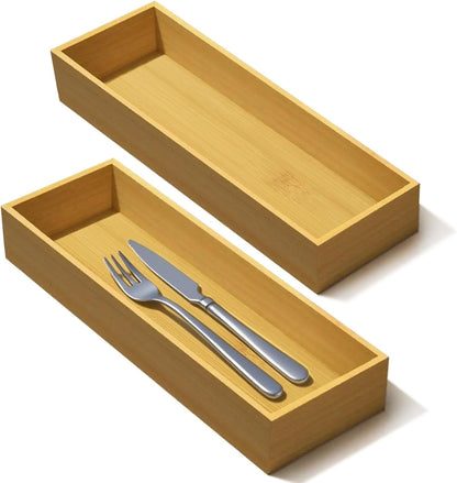 Bamboo Drawer Silverware Organizer, Silverware Tray, Flatware Organizer, Bamboo Storage Box Suitable for Office, Bathroom and other objects storage (14.2"x5"x2"-Set of 2)
