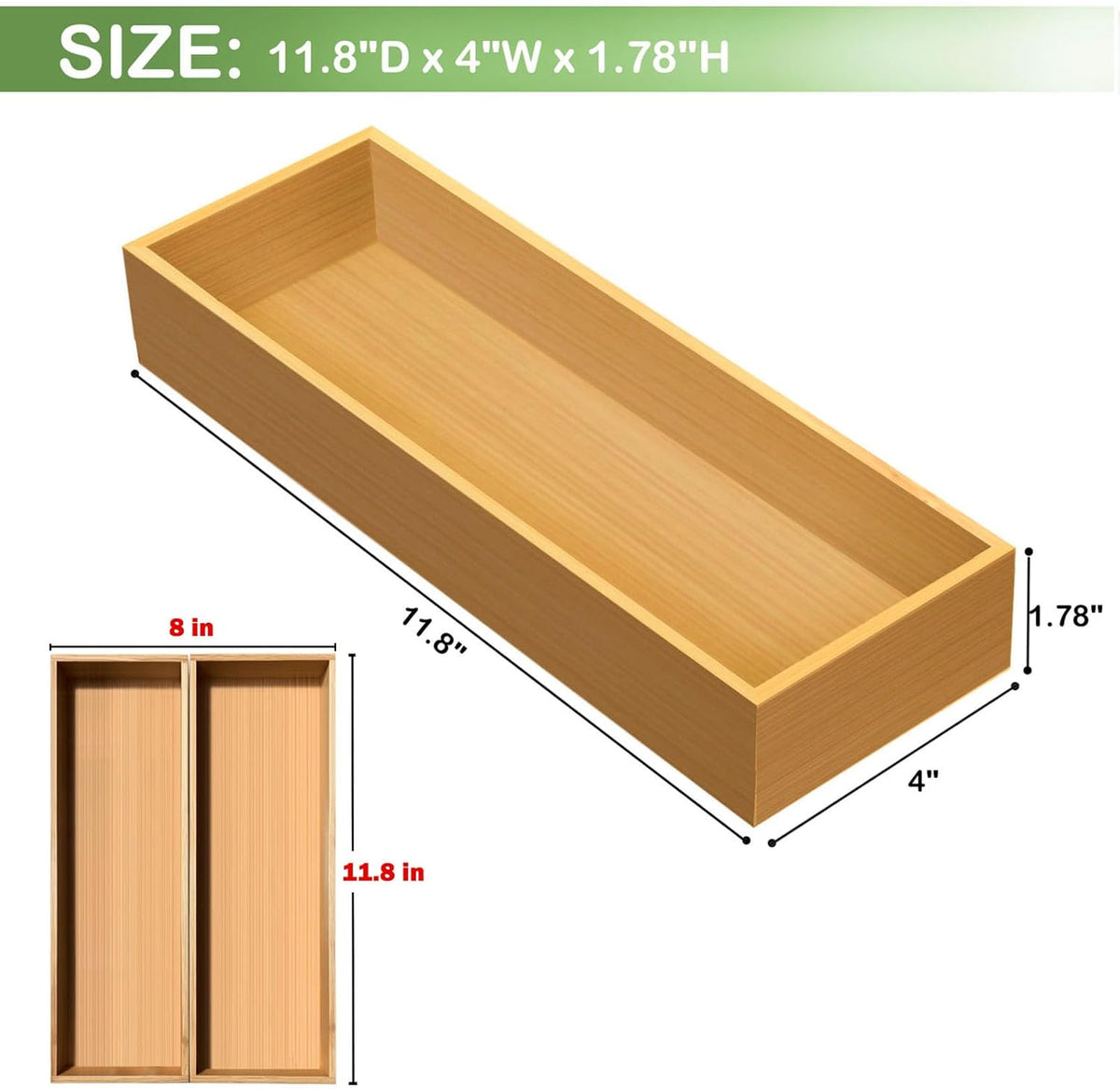 Bamboo Drawer Silverware Organizer, Silverware Tray, Flatware Organizer, Bamboo Storage Box Suitable for Office, Bathroom and other objects storage (14.2"x5"x2"-Set of 2)