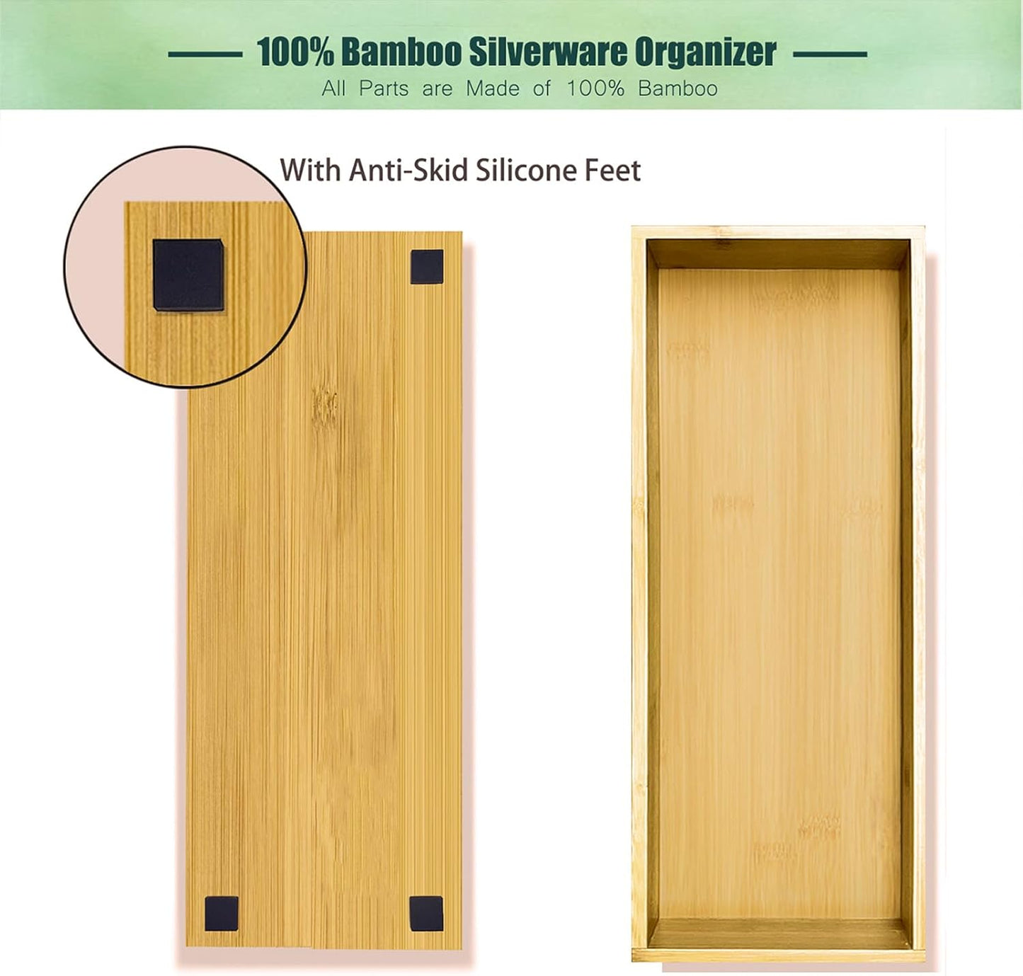 Bamboo Drawer Silverware Organizer, Silverware Tray, Flatware Organizer, Bamboo Storage Box Suitable for Office, Bathroom and other objects storage (14.2"x5"x2"-Set of 2)