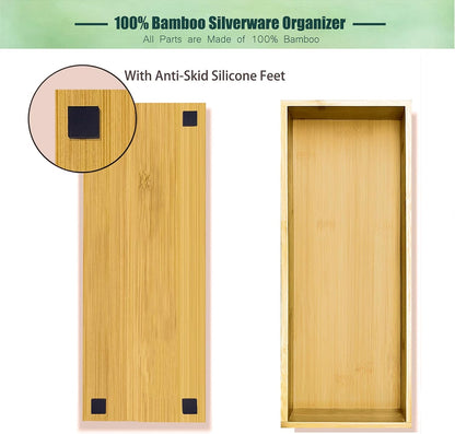 Bamboo Drawer Silverware Organizer, Silverware Tray, Flatware Organizer, Bamboo Storage Box Suitable for Office, Bathroom and other objects storage (14.2"x5"x2"-Set of 2)