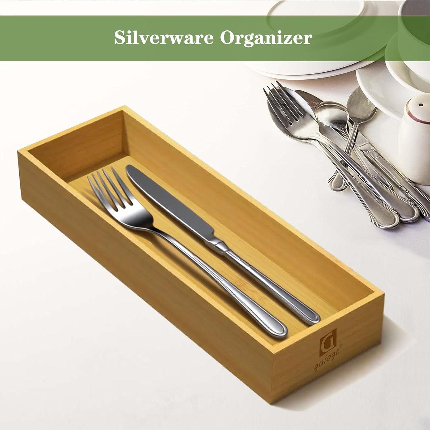 Bamboo Drawer Silverware Organizer, Silverware Tray, Flatware Organizer, Bamboo Storage Box Suitable for Office, Bathroom and other objects storage (14.2"x5"x2"-Set of 2)