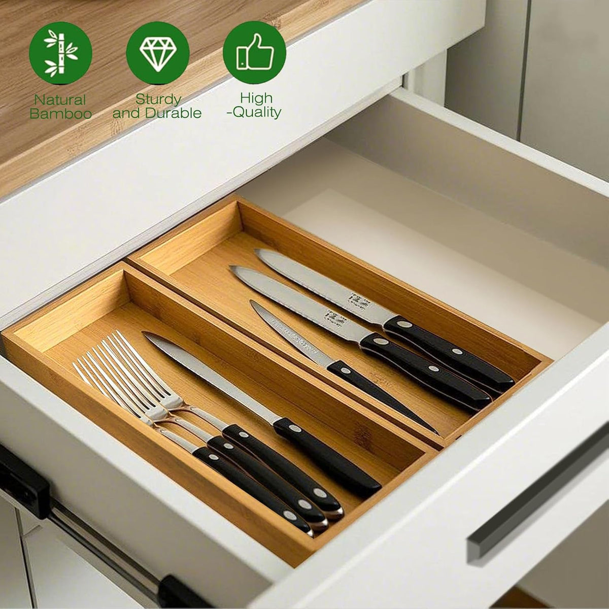 Bamboo Drawer Silverware Organizer, Silverware Tray, Flatware Organizer, Bamboo Storage Box Suitable for Office, Bathroom and other objects storage (14.2"x5"x2"-Set of 2)