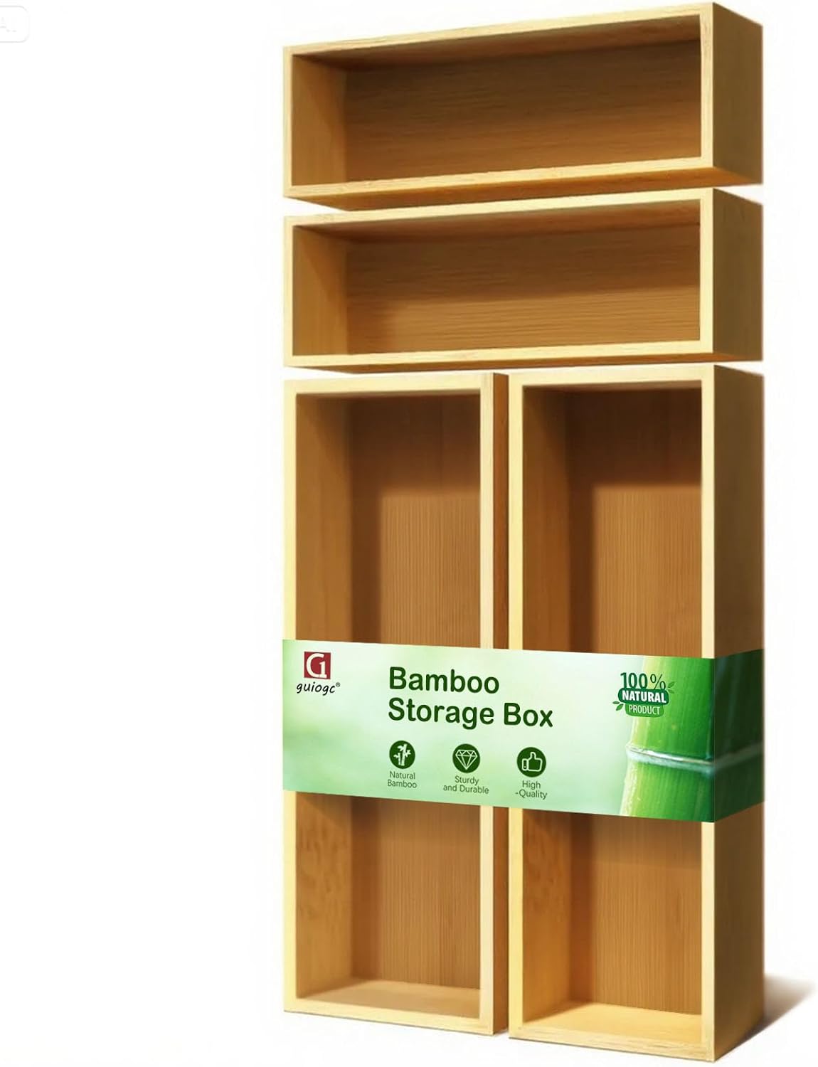 Bamboo Drawer Silverware Organizer, Silverware Tray, Flatware Organizer, Bamboo Storage Box Suitable for Office, Bathroom and other objects storage (14.2"x5"x2"-Set of 2)