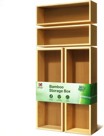 Bamboo Drawer Silverware Organizer, Silverware Tray, Flatware Organizer, Bamboo Storage Box Suitable for Office, Bathroom and other objects storage (14.2"x5"x2"-Set of 2)