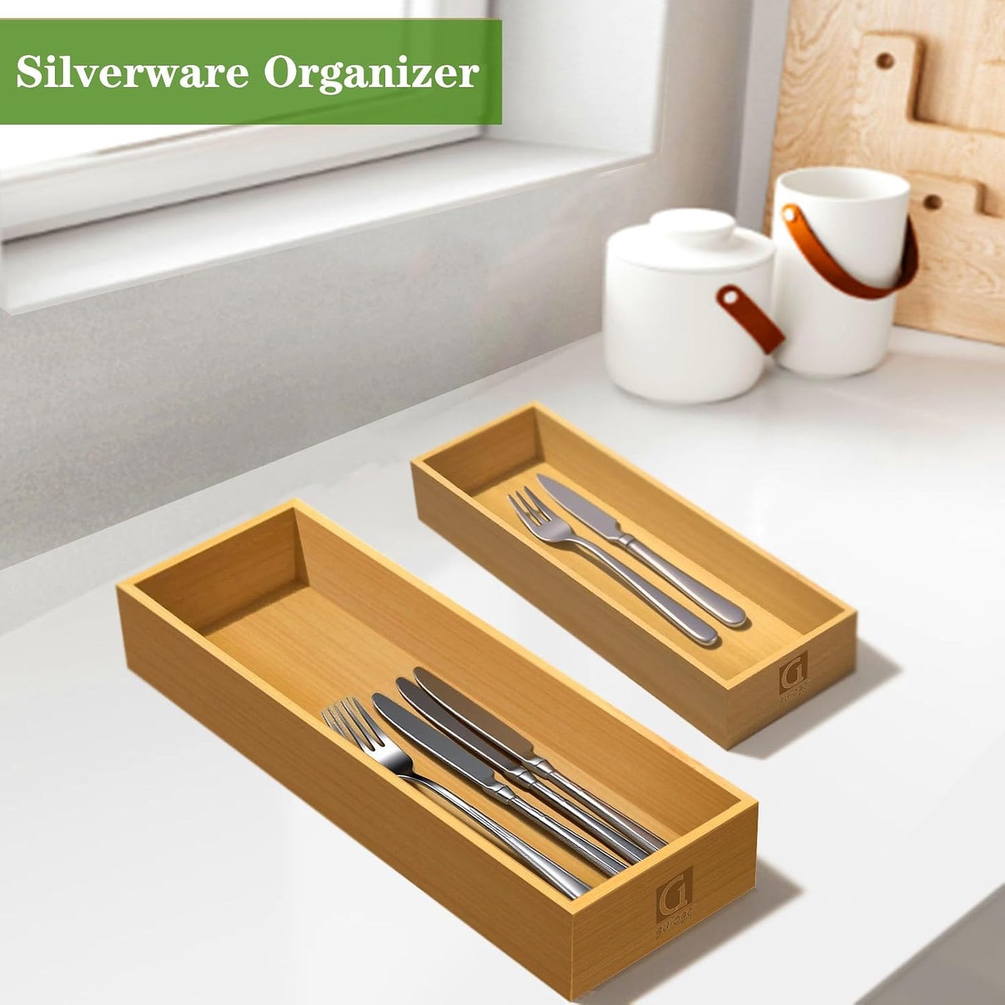 Bamboo Drawer Silverware Organizer, Silverware Tray, Flatware Organizer, Bamboo Storage Box Suitable for Office, Bathroom and other objects storage (14.2"x5"x2"-Set of 2)