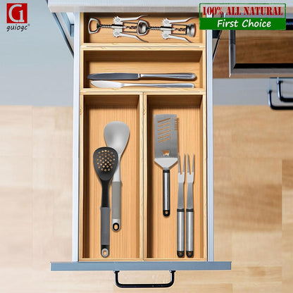 Bamboo Drawer Silverware Organizer, Silverware Tray, Flatware Organizer, Bamboo Storage Box Suitable for Office, Bathroom and other objects storage (14.2"x5"x2"-Set of 2)