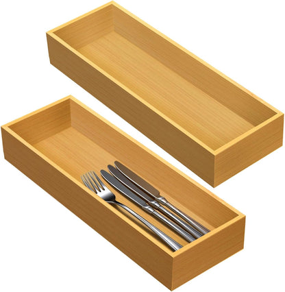 Bamboo Drawer Silverware Organizer, Silverware Tray, Flatware Organizer, Bamboo Storage Box Suitable for Office, Bathroom and other objects storage (14.2"x5"x2"-Set of 2)