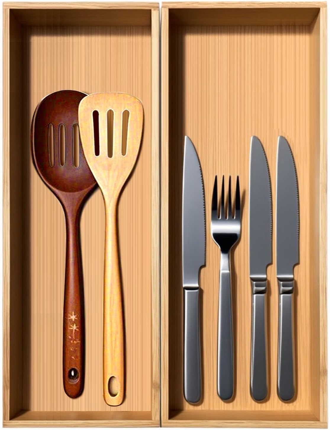 Bamboo Drawer Silverware Organizer, Silverware Tray, Flatware Organizer, Bamboo Storage Box Suitable for Office, Bathroom and other objects storage (14.2"x5"x2"-Set of 2)