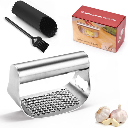 Kitchen Stainless Steel Garlic Press Rocker Set- Time Saving, Durable Strong Garlic Mincer Tool - Easy to Use & Clean Garlic Crusher Set with Peeler and Scraper Kitchen Gadget Smasher