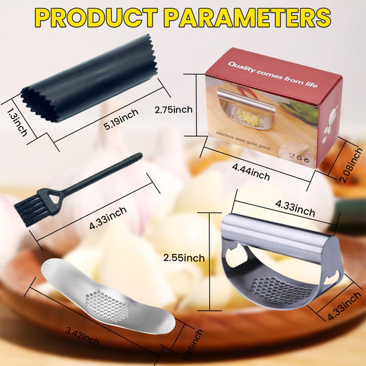 Kitchen Stainless Steel Garlic Press Rocker Set- Time Saving, Durable Strong Garlic Mincer Tool - Easy to Use & Clean Garlic Crusher Set with Peeler and Scraper Kitchen Gadget Smasher