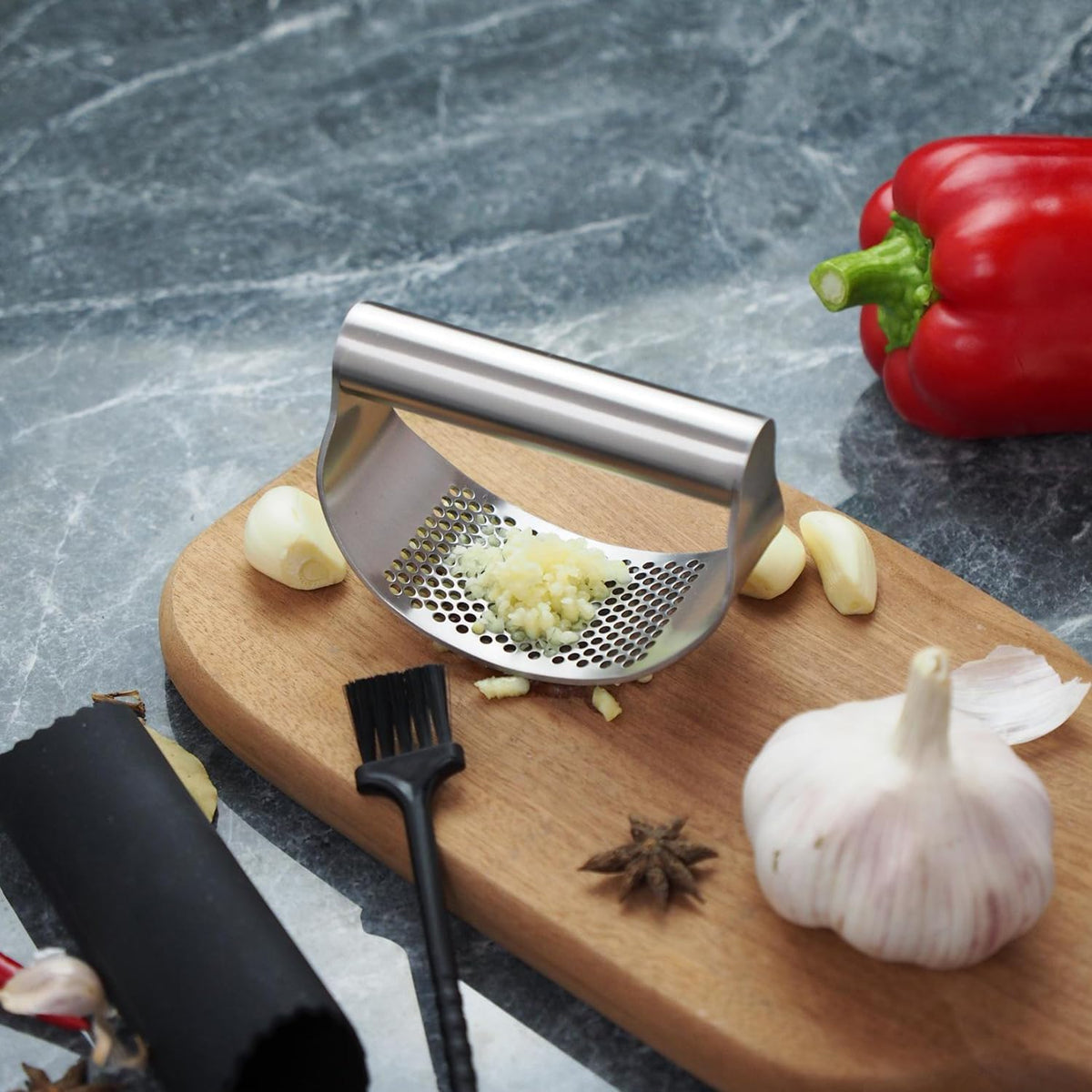 Kitchen Stainless Steel Garlic Press Rocker Set- Time Saving, Durable Strong Garlic Mincer Tool - Easy to Use & Clean Garlic Crusher Set with Peeler and Scraper Kitchen Gadget Smasher