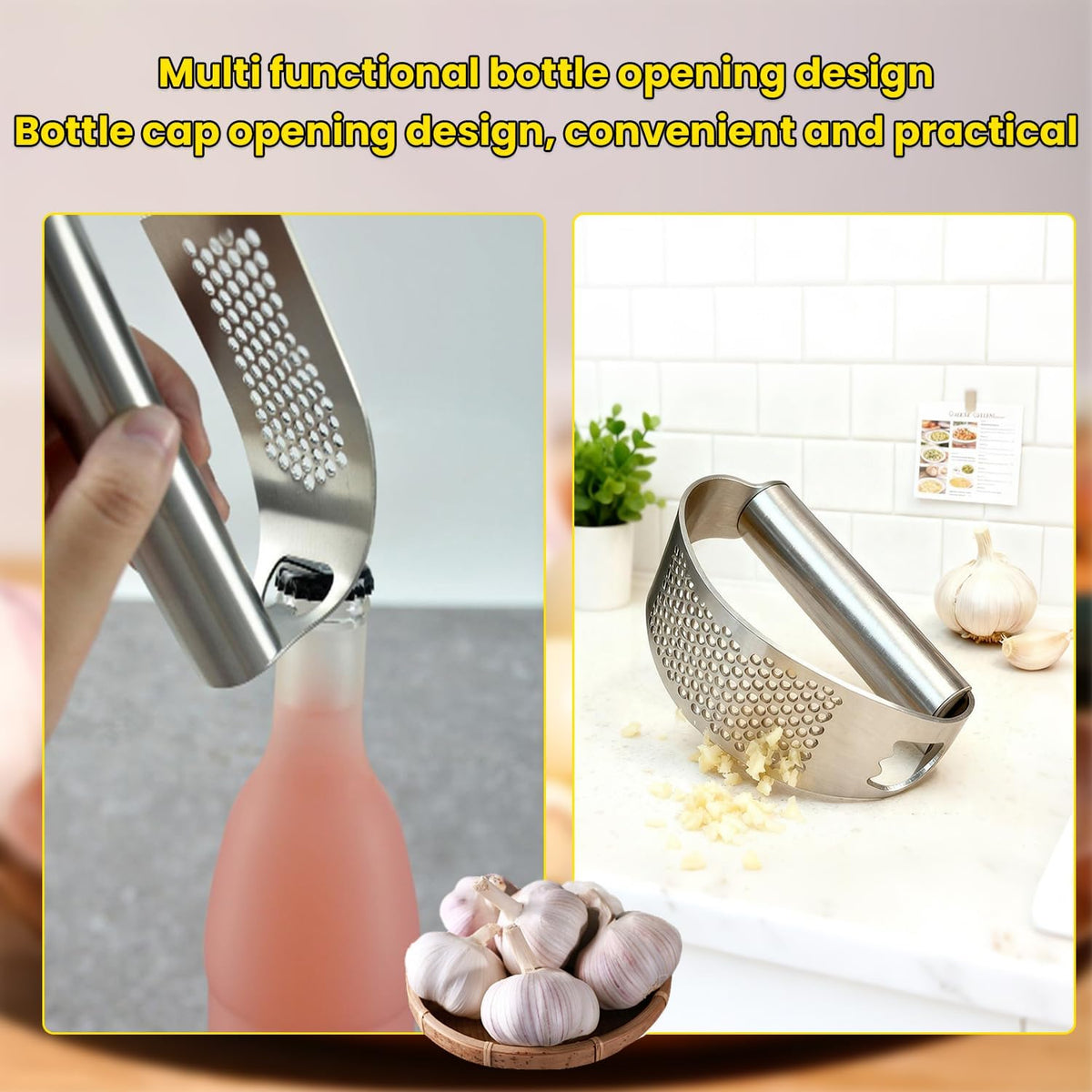 Kitchen Stainless Steel Garlic Press Rocker Set- Time Saving, Durable Strong Garlic Mincer Tool - Easy to Use & Clean Garlic Crusher Set with Peeler and Scraper Kitchen Gadget Smasher