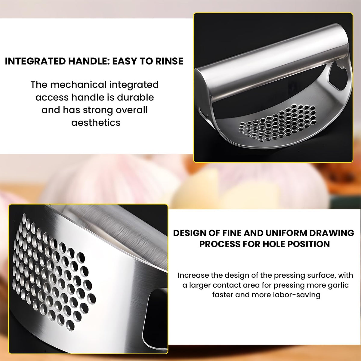 Kitchen Stainless Steel Garlic Press Rocker Set- Time Saving, Durable Strong Garlic Mincer Tool - Easy to Use & Clean Garlic Crusher Set with Peeler and Scraper Kitchen Gadget Smasher