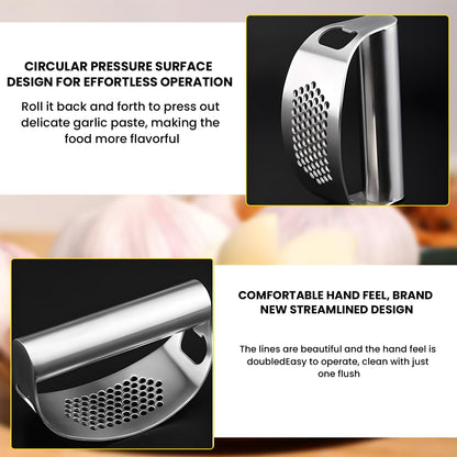 Kitchen Stainless Steel Garlic Press Rocker Set- Time Saving, Durable Strong Garlic Mincer Tool - Easy to Use & Clean Garlic Crusher Set with Peeler and Scraper Kitchen Gadget Smasher