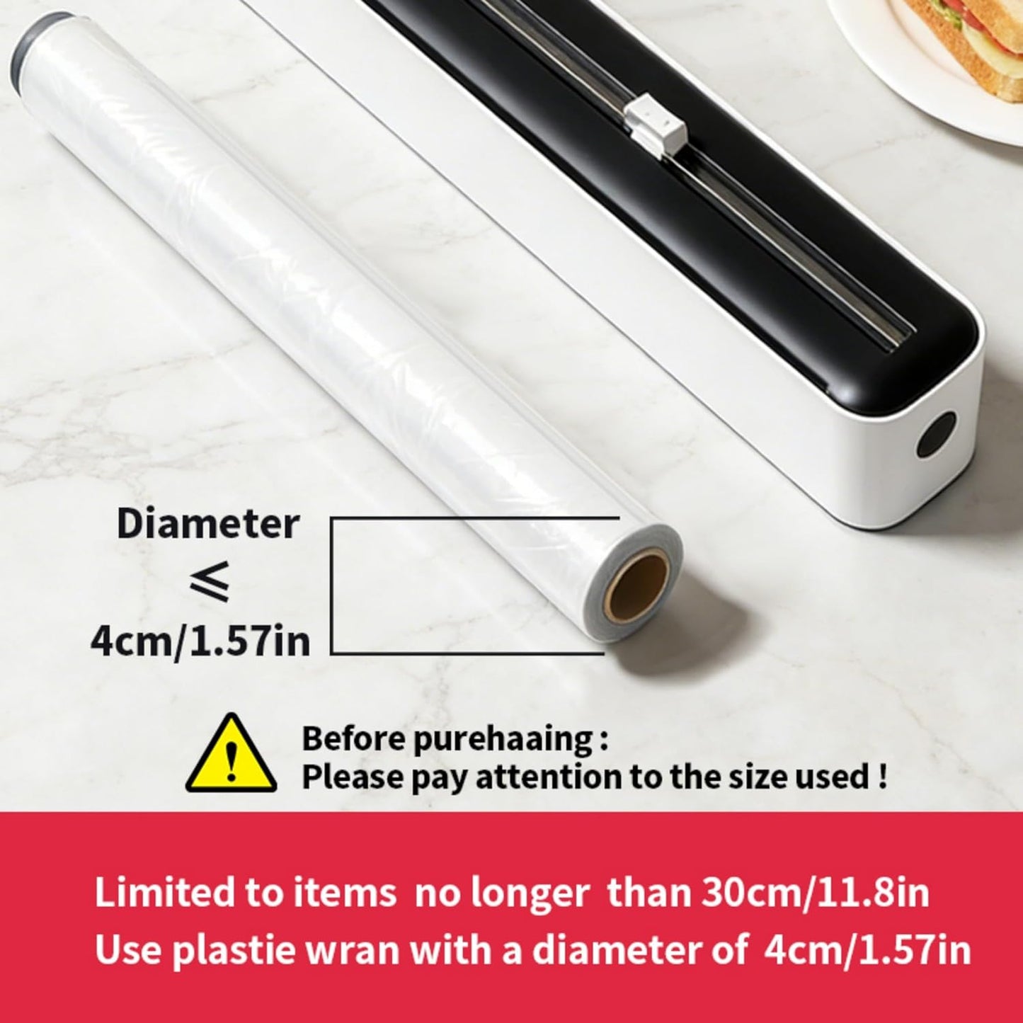 Plastic Wrap Dispenser with Slide Cutter, Cling Film Dispenser with Safe Hidden Blade, Easy Refill Food Wrap Holder Fits 12 Inch Standard Rolls, Countertop Kitchen Wrap Organizer