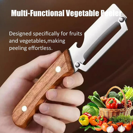 MultiFunctional Vegetable Peeler for Kitchen，Multifunctional Vegetable Peeler with Wooden Handle and Bottle Opener，2-in-1 Stainless Steel Kitchen Tool for Fruit Apple Potato Pumpkin Papaya (1)