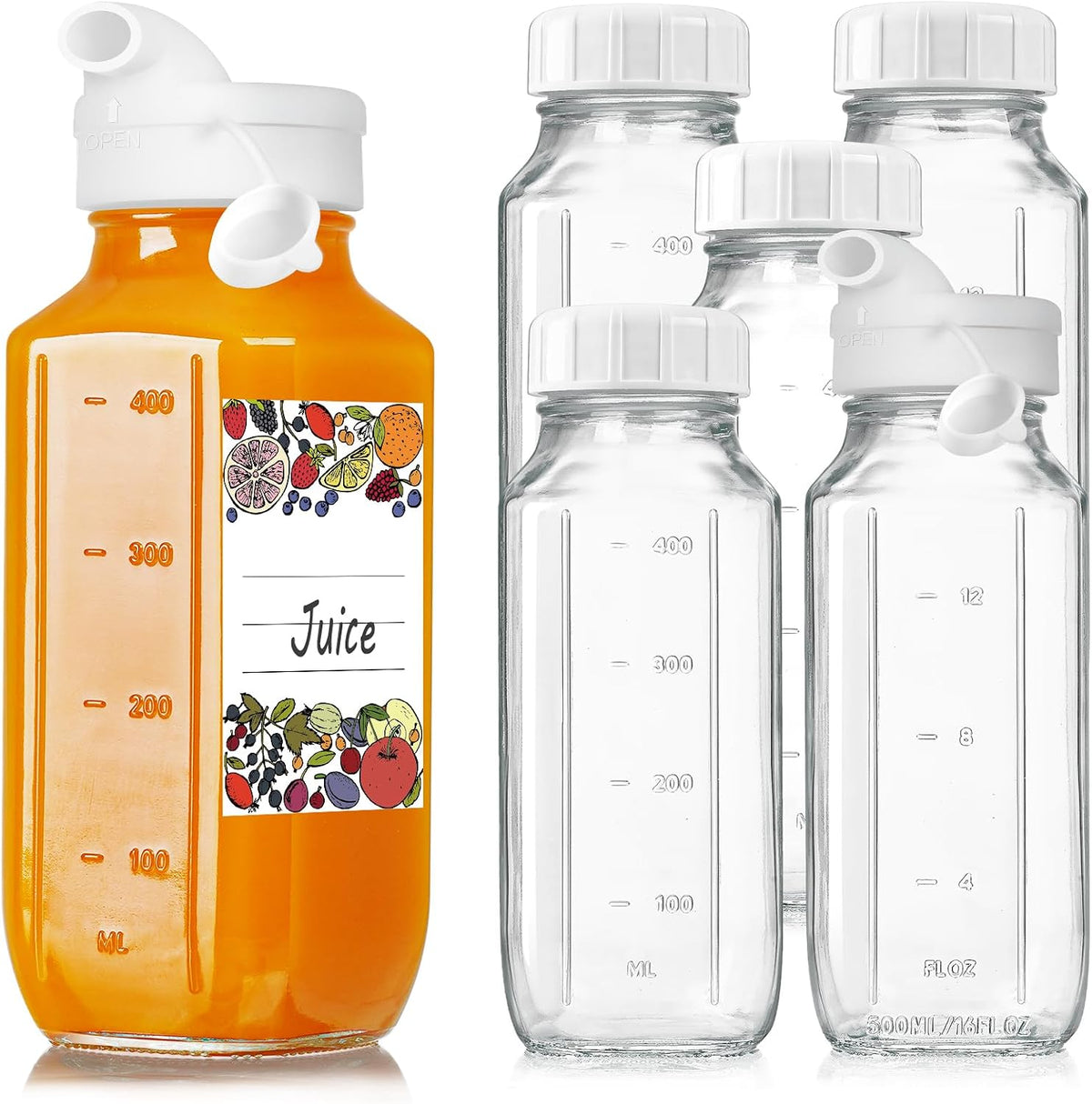 16 Oz Glass Juice Bottles with Lids,2 Pour Spouts & Scale Marks