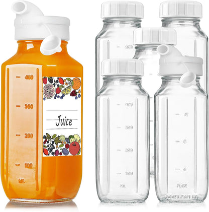 16 Oz Glass Juice Bottles with Lids,2 Pour Spouts & Scale Marks