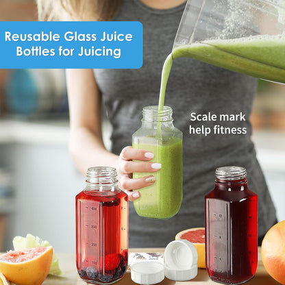 16 Oz Glass Juice Bottles with Lids,2 Pour Spouts & Scale Marks