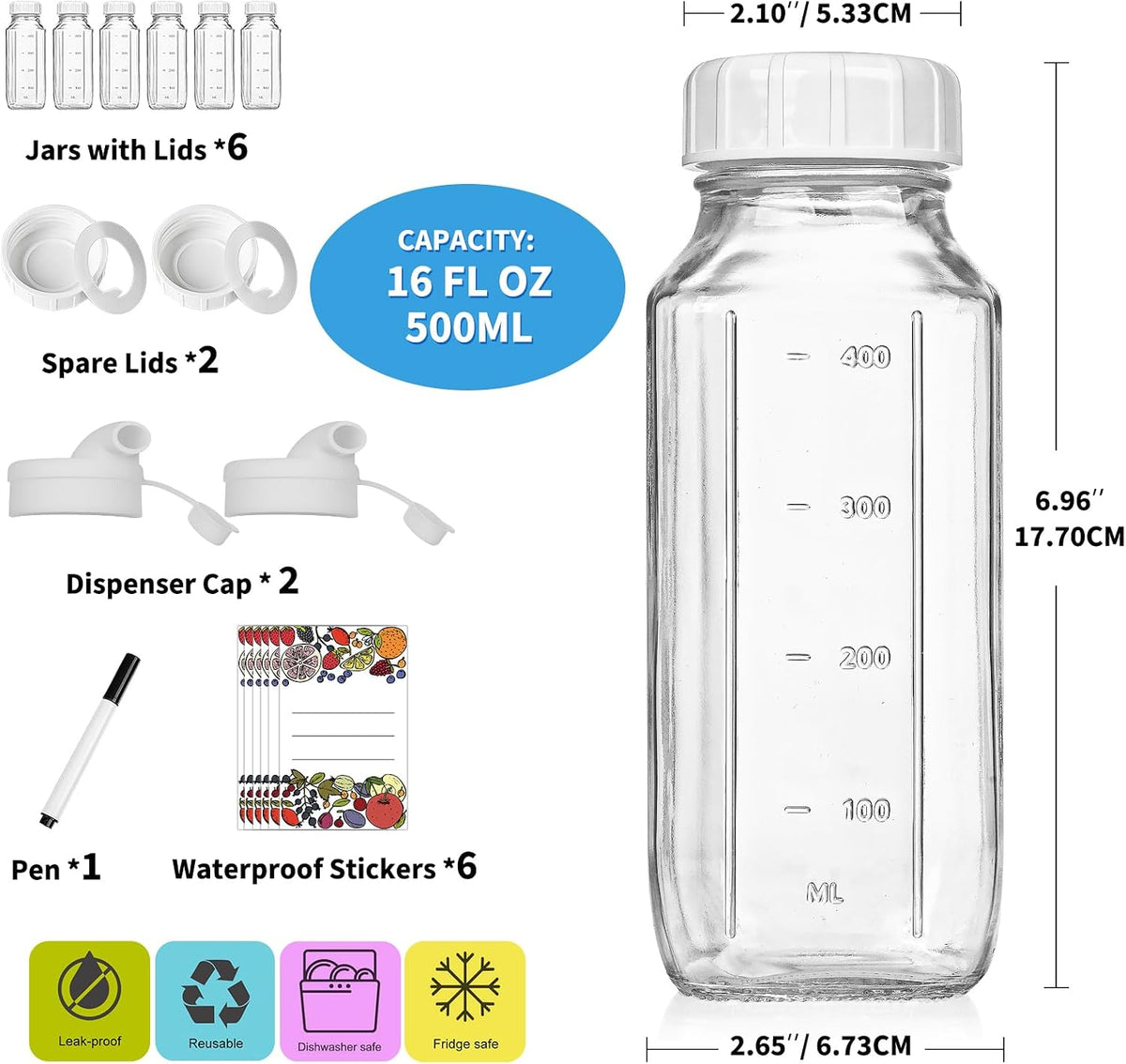 16 Oz Glass Juice Bottles with Lids,2 Pour Spouts & Scale Marks