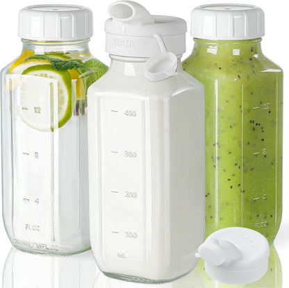 16 Oz Glass Juice Bottles with Lids,2 Pour Spouts & Scale Marks