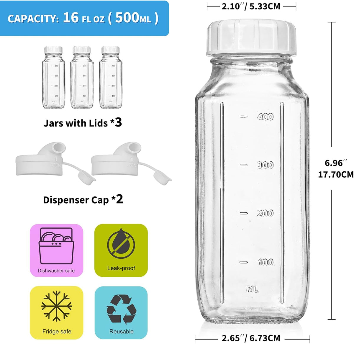 16 Oz Glass Juice Bottles with Lids,2 Pour Spouts & Scale Marks