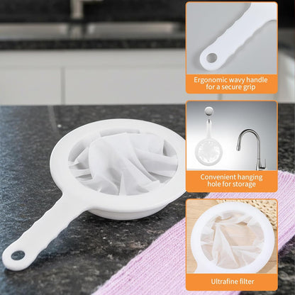 2 Pcs Plastic Fine Mesh Strainer, Nylon Ultra-Fine Juice Strainer Fine Mesh Sieve Small Coffee Strainers with Handle Mini Brine Shrimp Separation Net for Nut Milk, Yogurt, Honey, Wine (300/400 Mesh)