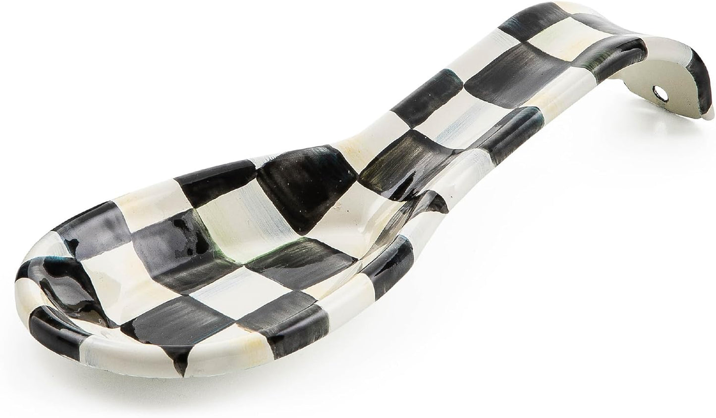 Enamel Spoon Rest, Kitchen Spoon Holder and Utensil Rest for Stovetop, Black-and-White Courtly Check
